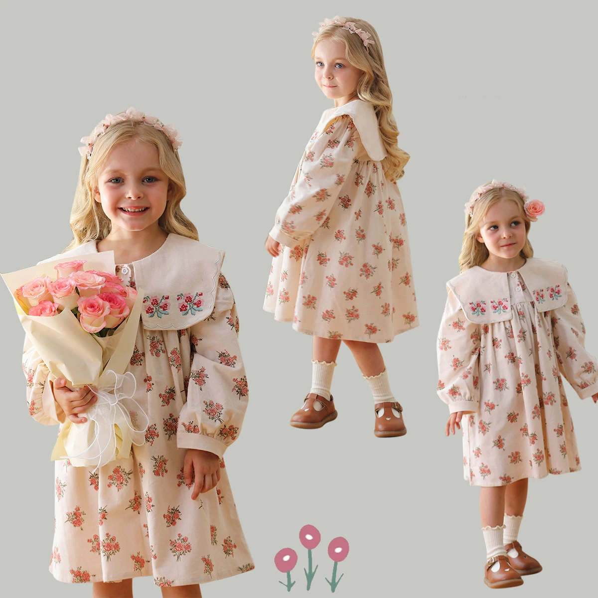 

Autumn Embroidery Lapel Long Sleeve Girls' Dress Floral Clothing Spring Campus Navy Style Children's Full Printing Loose Dresses
