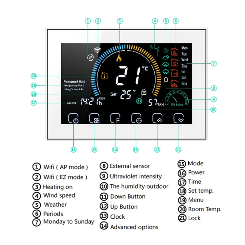 Hot Sell TUYA Wi-Fi Smart Large Colorful Screen Room Programmable Air Thermostat WIFI for Switch Heating Cooler Bridge Voice