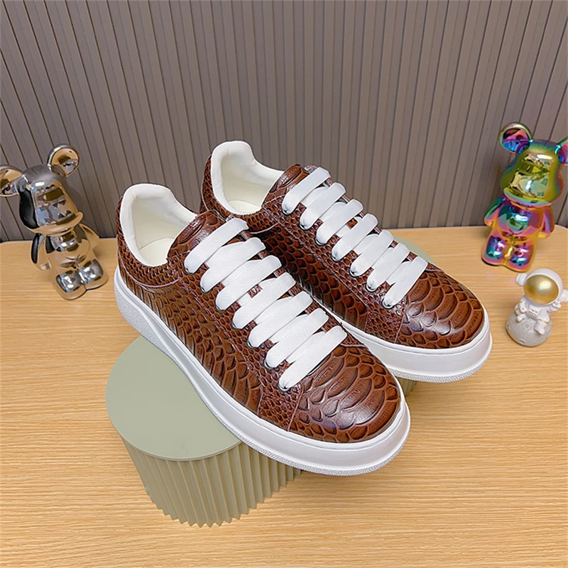 للجنسين البني منصة أحذية رياضية الرجال التمساح نمط الدانتيل متابعة جلد البقر جولة تو منخفضة أعلى حذاء كاجوال لوكس حذاء مسطح اليدوية #3