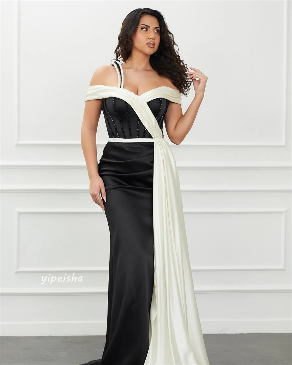 Robe de Bal Longue en Satin Froncée avec Perles Appliquées, Tenue de Soirée A-ligne à Épaules Dénudées, sur Mesure, Arabie Saoudite