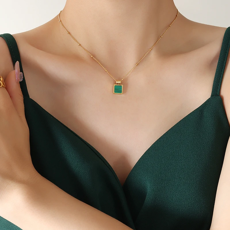 Malachite Square Geometric Pendant Necklace Ladies Stainless Steel Pendant Necklace Ladies Choker Jewelry Gift