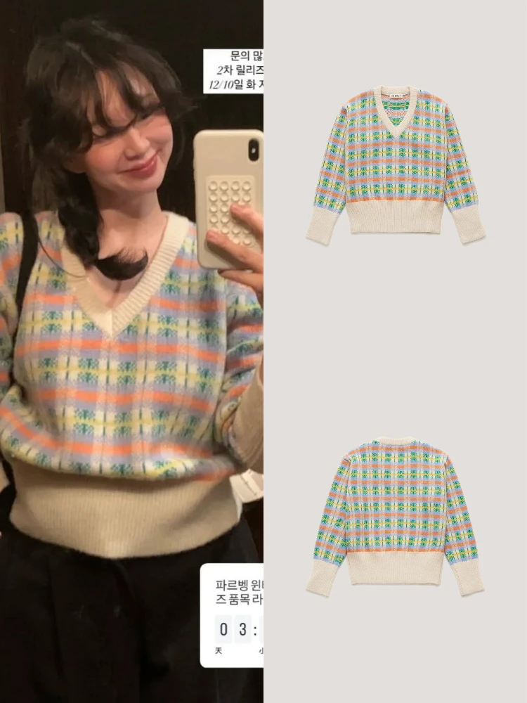 

Soft Comfortable V-Ne Knitted Sweater Women's Loose Casual Top Plaid Instant very Faionable Versatile Leisur...