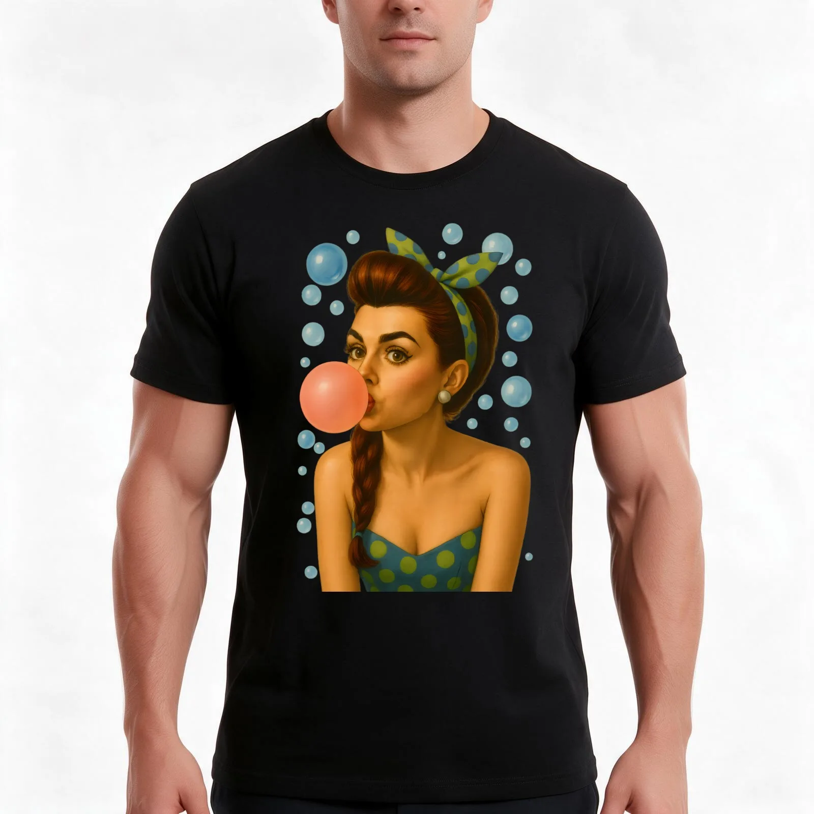Bubblegum Girl. Retro vibe headscarf aesthetic. T-Shirt, Summer Casual Cotton Tee, Oversized Streetwear Tops, Unisex Men Women