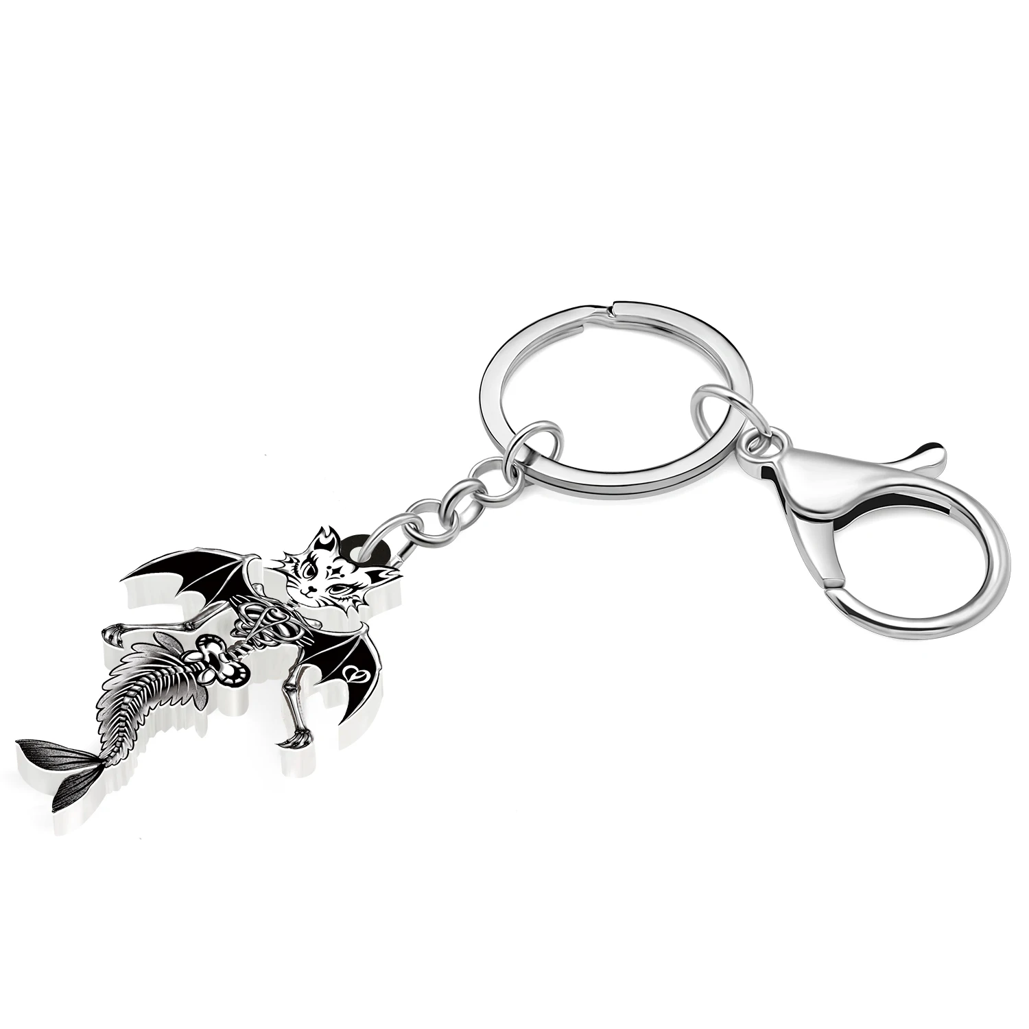 BONSNY Halloween Acrylic Terrible Fishbone Cat Keychain Key Ring Jewelry For Women Teens Charm Festival Gifts