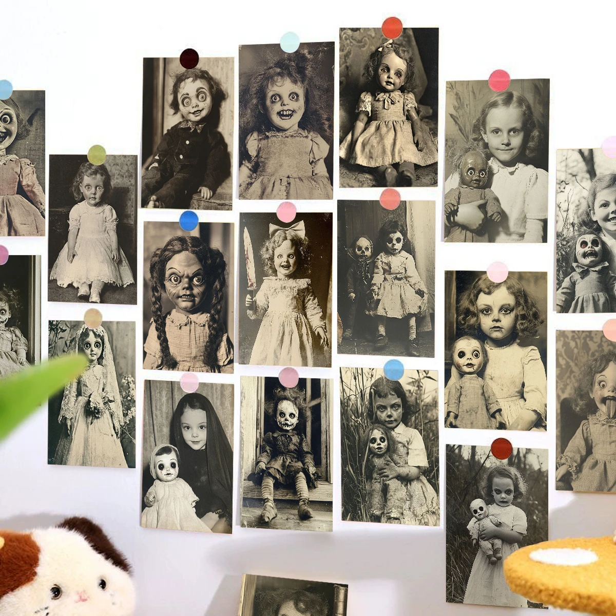 20 Stück Vintage-Postkarten im Gruselpuppen-Design, Halloween-Deko-Karten mit gruseligen Horrorpuppen, Wandkunst-Dekoration für Zuhause, Zimmer, Bar, Party – Detail 1