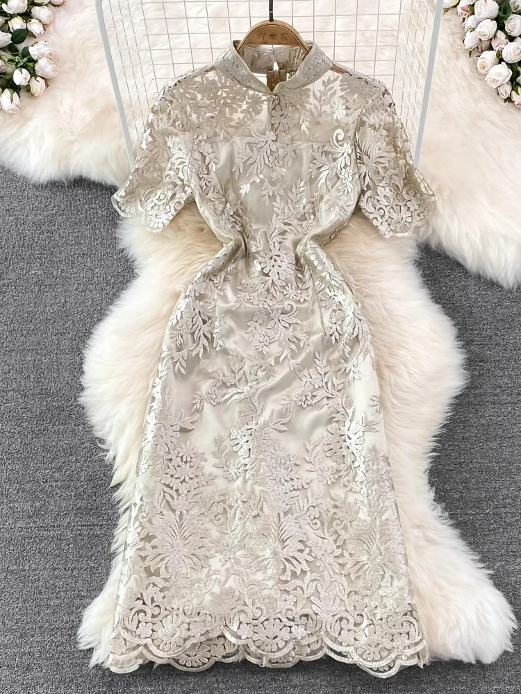 

Fashion Vintage Dresses Stand Neck Short Sleeve Embroidery Female Slim Dress Summer Chinese Style Elegant Design Women Clothing