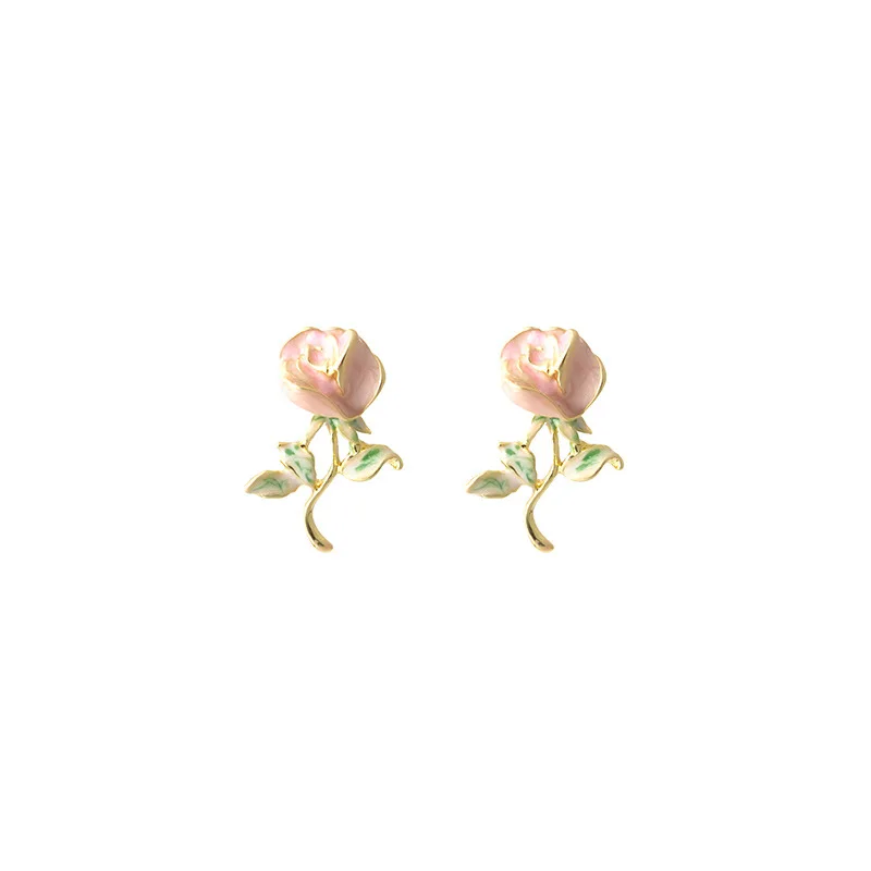 Rose Earrings Summer Female Pink Flower Earrings Niche Design Sense French Retro Enamel Ear Jewelry Explosion