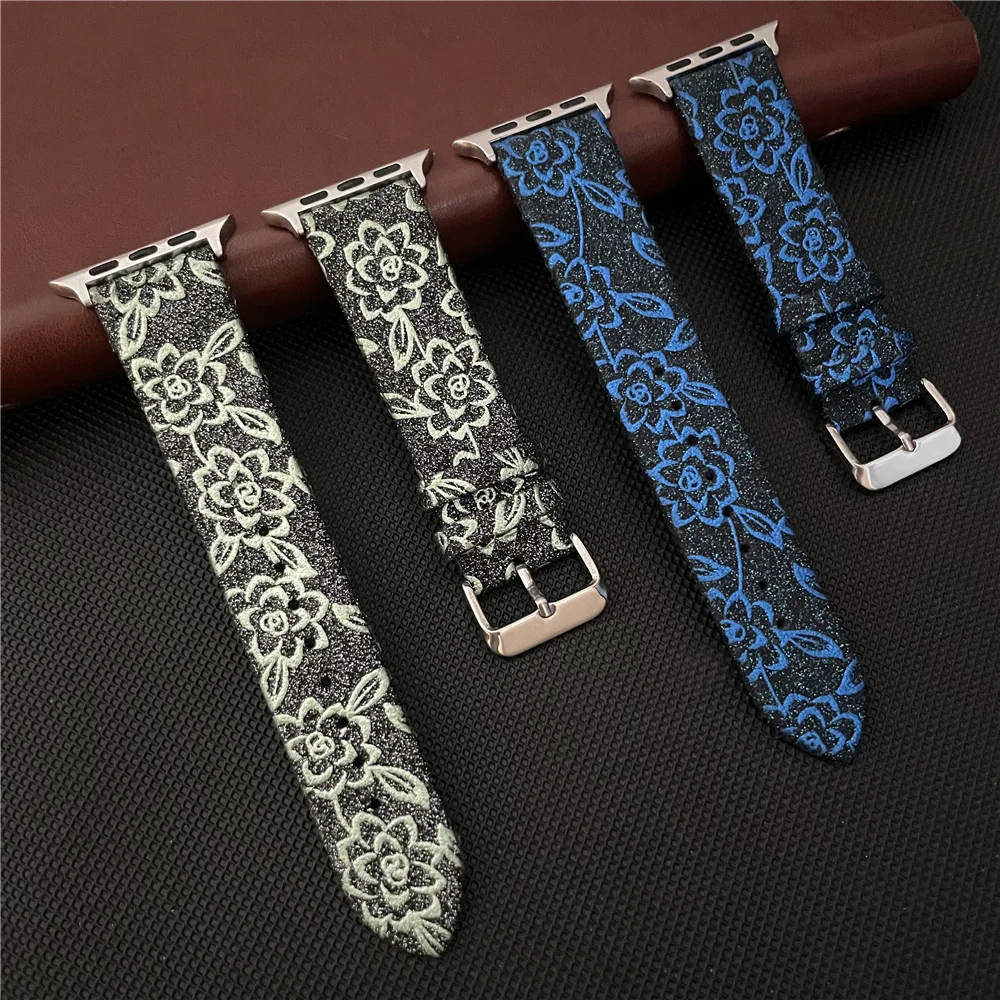 Embroidered Leather Strap for apple watch band 45mm 49mm 44mm 42mm woman watchband 38mm 40mm 41mm Bracelet iwatch Ultra 8 7 6 5