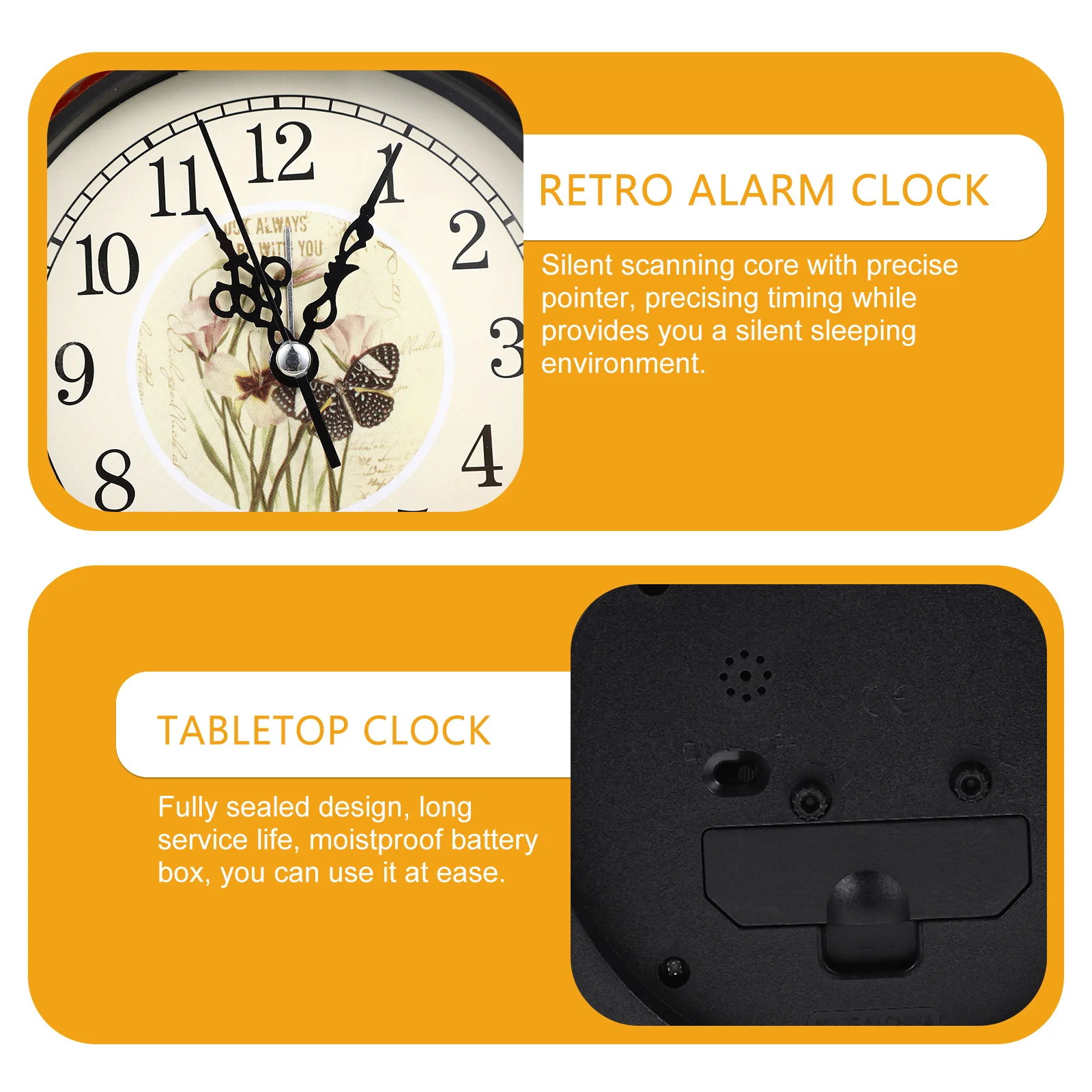 

Retro Alarm Vintage Decorative Tabletop Clock Silent Bedside Desktop Clock Metal Design Moistproof Home Decor