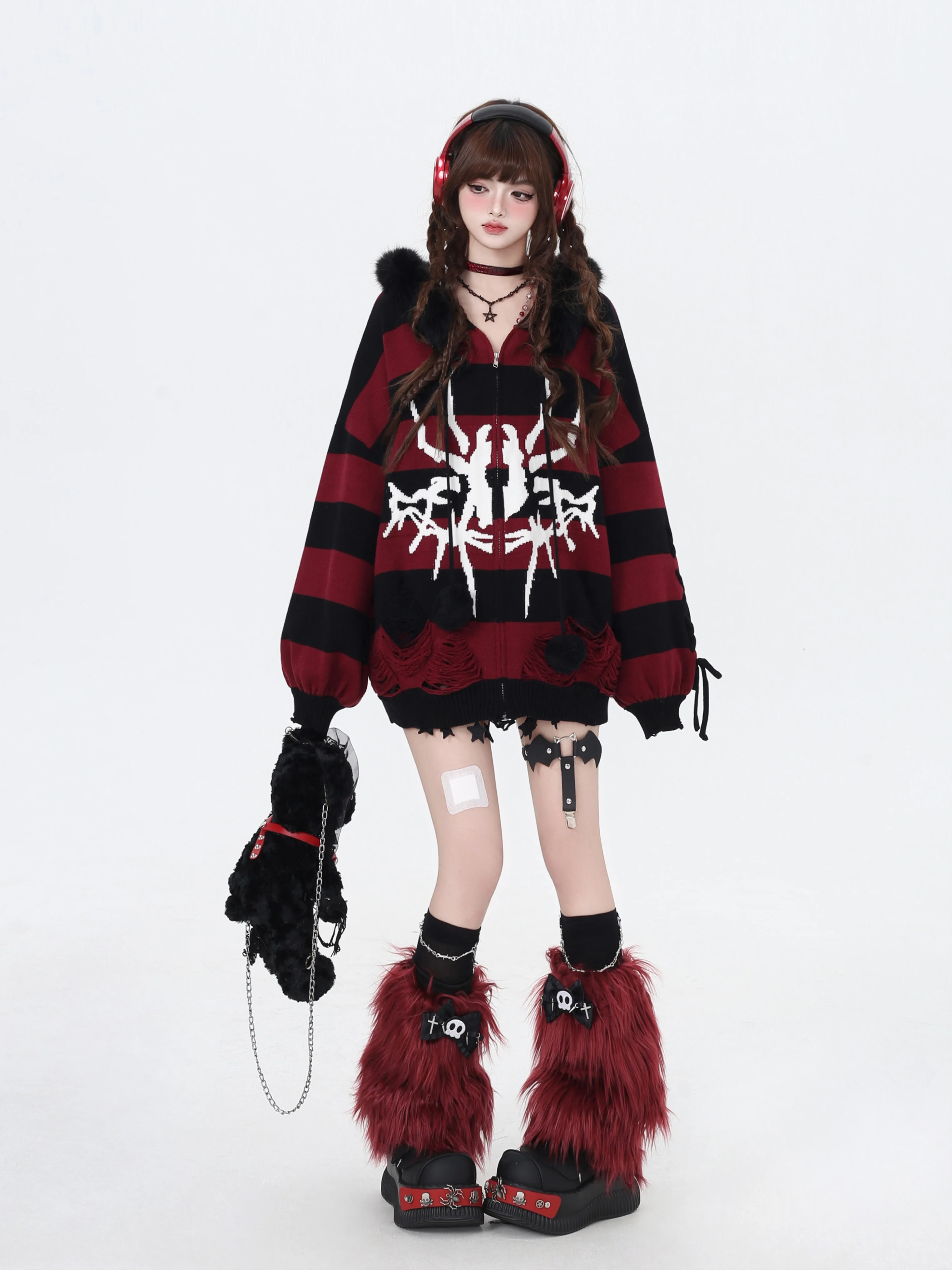 Punk Stripe Hooded Cardigan Y2k Ripped Loose Lantern Sleeve Spider Print Fur Collar Bandage Sweater Women Street Fashion