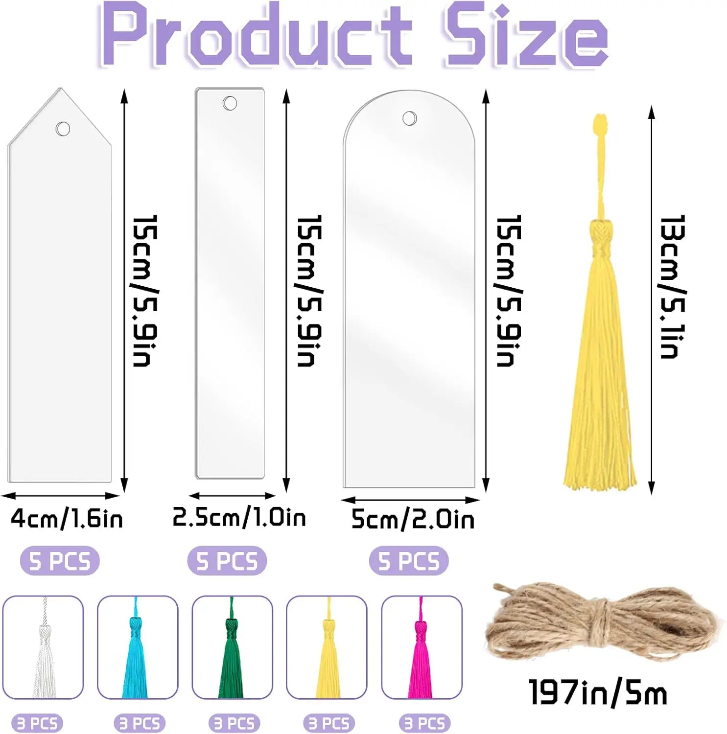 10/50 PCS Blank Acrylic Bookmark Set Craft Clear Acrylic Decorative Bookmark with Mini Bookmark Fringe for Decor and Gift Tags