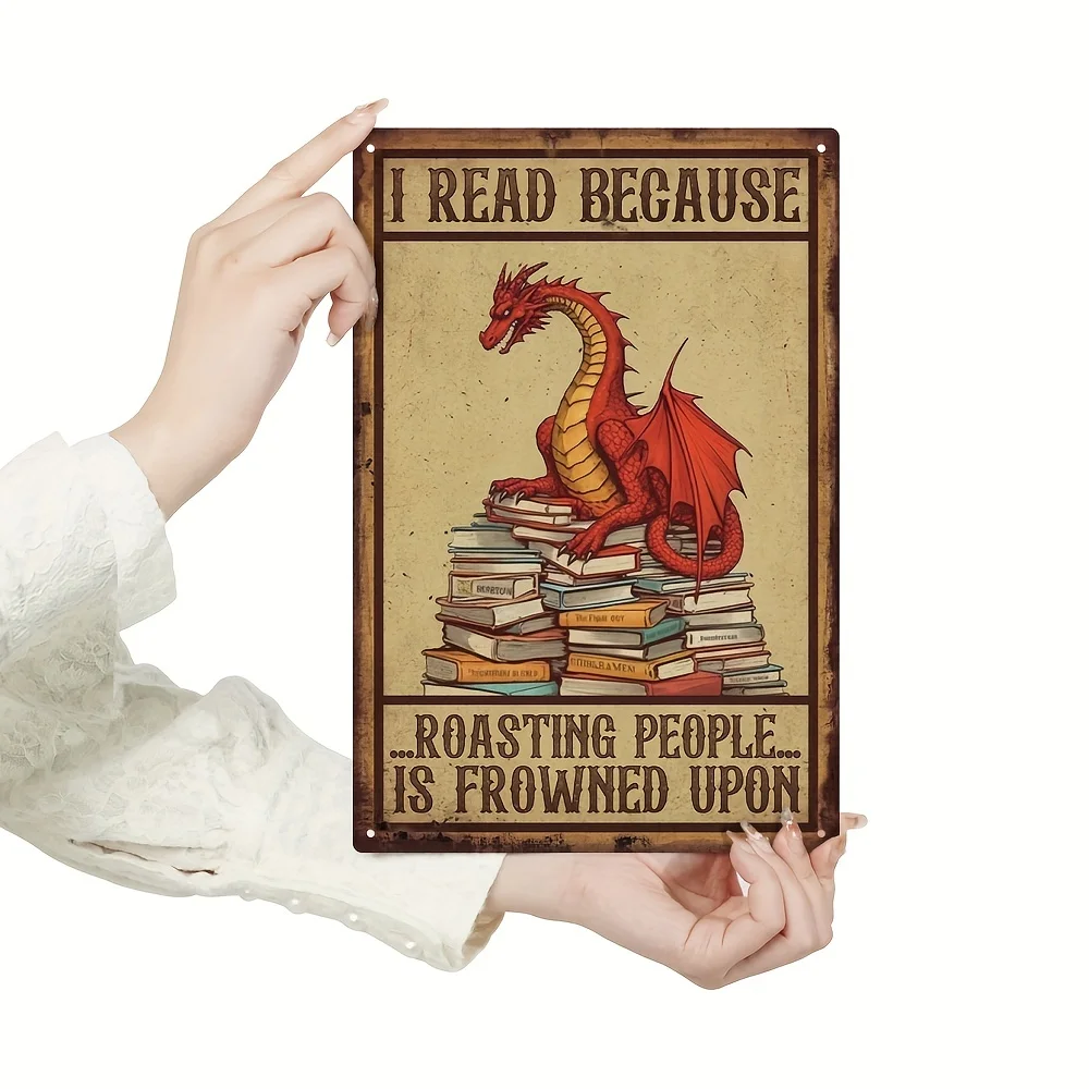 

2D плоский металлический постер с красным драконом в винтажном стиле - забавный декор для любителей книг с читающим драконом, ретро-украшение для библиотеки и дома