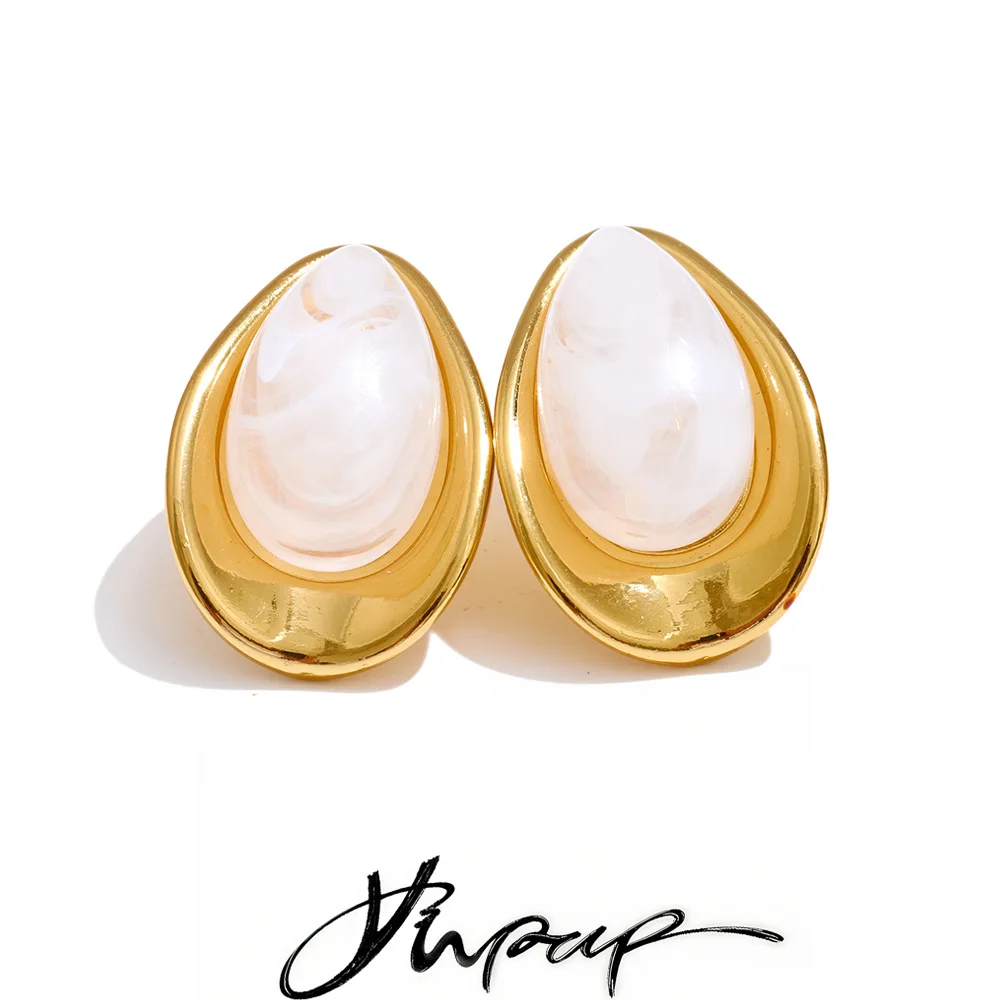 Yhpup Trendy Stainless Steel Resin Oval Stud Earrings for All Occasions 18K Golden Plated New Arrivals Daily Korean Jewelry Gift
