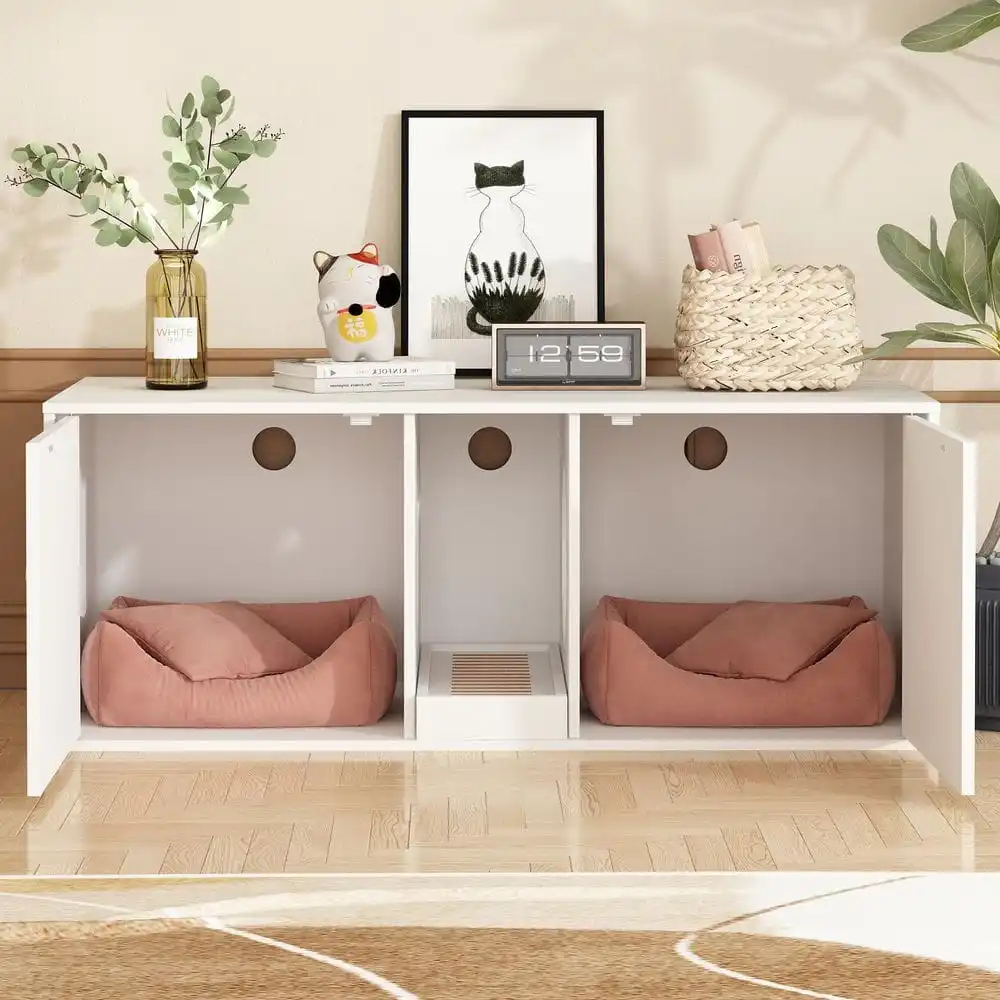 حاوية صندوق القمامة مع بابين من السيزال، صندوق فضلات القطط الخشبي المخفي، خزانة تخزين الحمام، طاولة نهاية المقعد