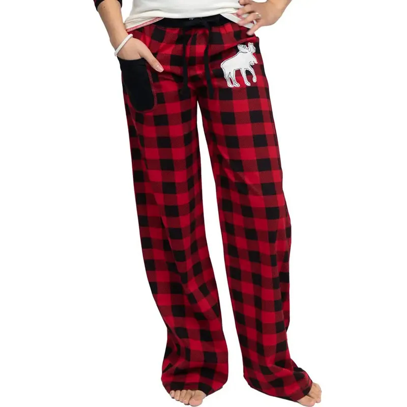 2024 Women's New Casual Sports Homewear Christmas Reindeer Plaid Casual Pants Women's Basic Pocket Loose Lace Floor Pants