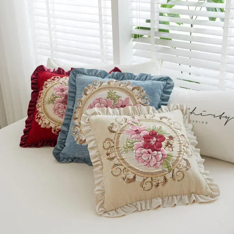 Ruffled Floral Jacquard Throw Pillow Cover Throw Pillow Covers 45x45cm Home Cushion Cases Retro Home Garden Decorations