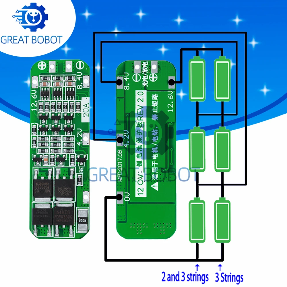 Ideal para motores de perfuração-bs 3s 20a 18650 li-ion carregador de bateria de lítio pcb com proteção bms, módulo de célula lipo de 12.6v (64x20x3.4mm