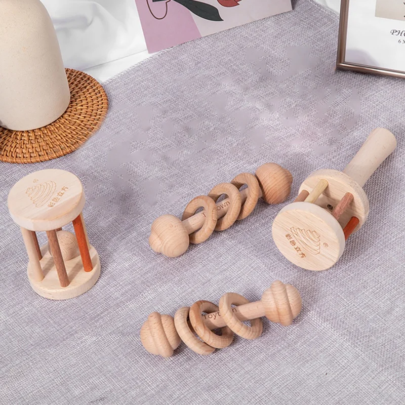 Infant Beech Solid Wood Stroller Toy Early Childhood Education Trolley Hand Rattle Early Education Wooden Comfort Toy