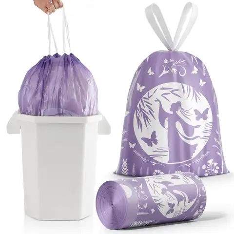 Bolsa de basura con cordón de lavanda de 8 galones, bolsas de plástico grandes y gruesas para el hogar, sin rasgar