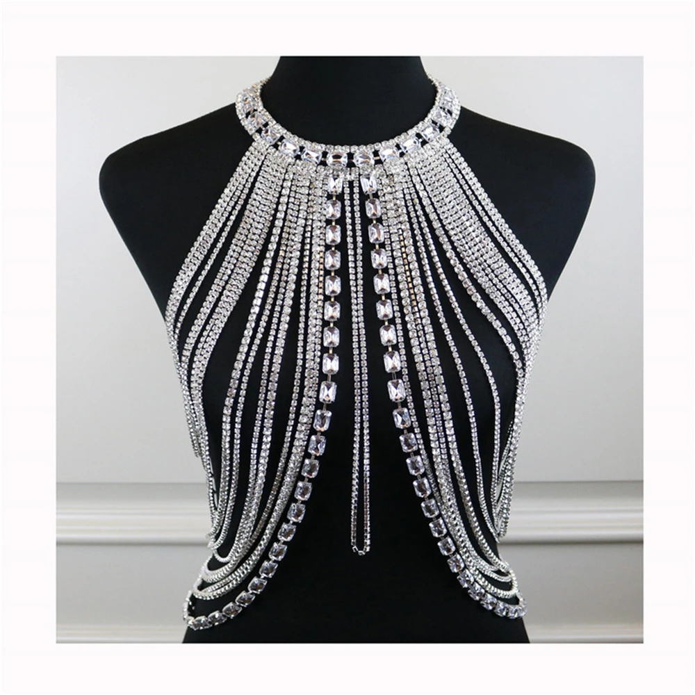 Personality Shiny Big Rhinestone Body Bra Chain Jewelry Exaggerated Fashion Banquet Party Crystal Bra Chain Jewelry Jewelry