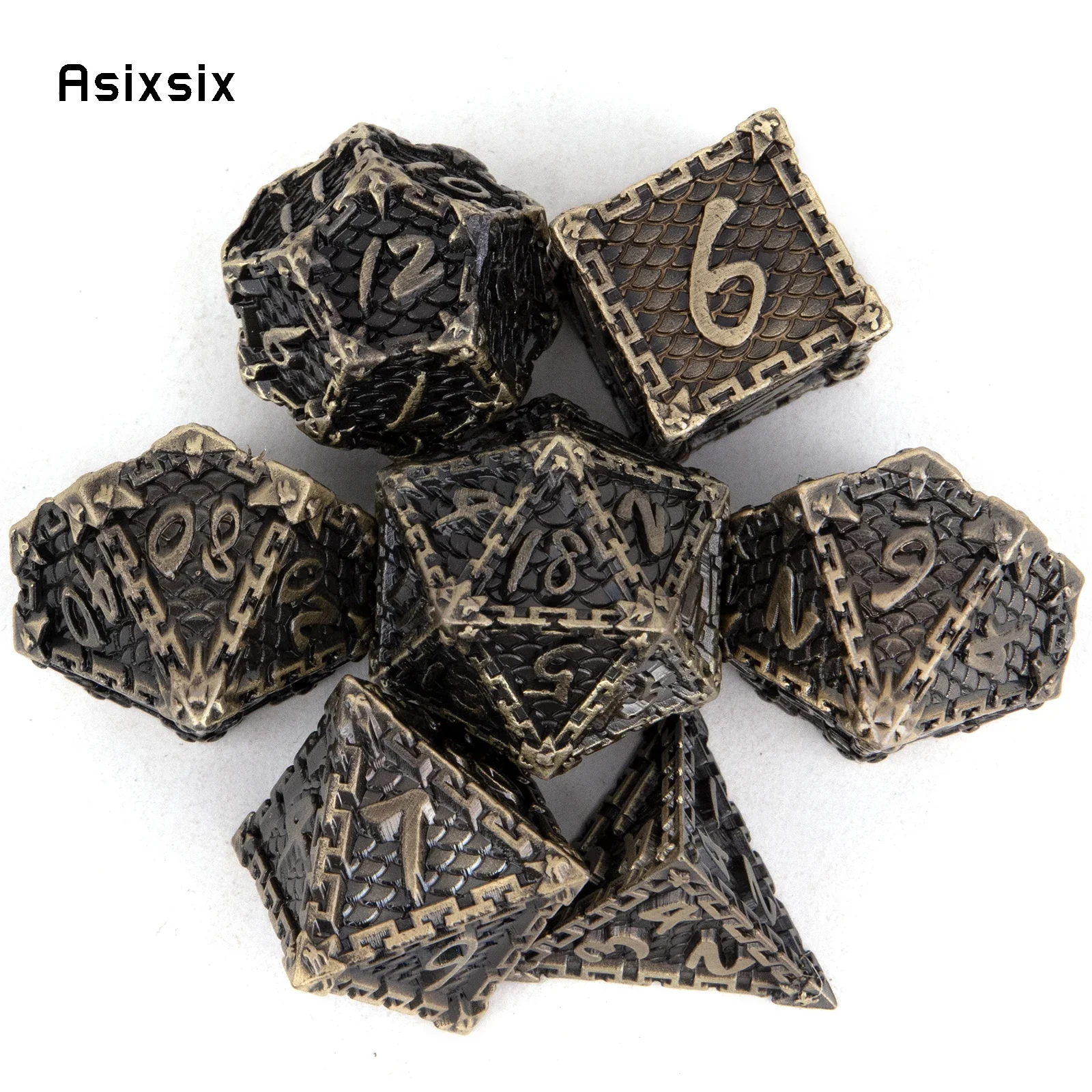 

7 Pcs Yellow Fish Scale Metal Dice Solid Metal Polyhedral Dice Set Suitable for Role-Playing RPG Board Game Card Game