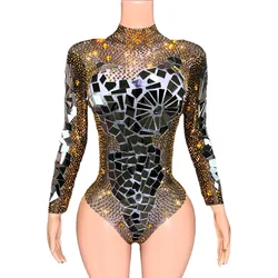 Sparkly Silver Mirrors Gold Rhinestones Leotard for Women Sexy Dance Bodysuit Performance Costume Nightclub DS Show Stage Wear
