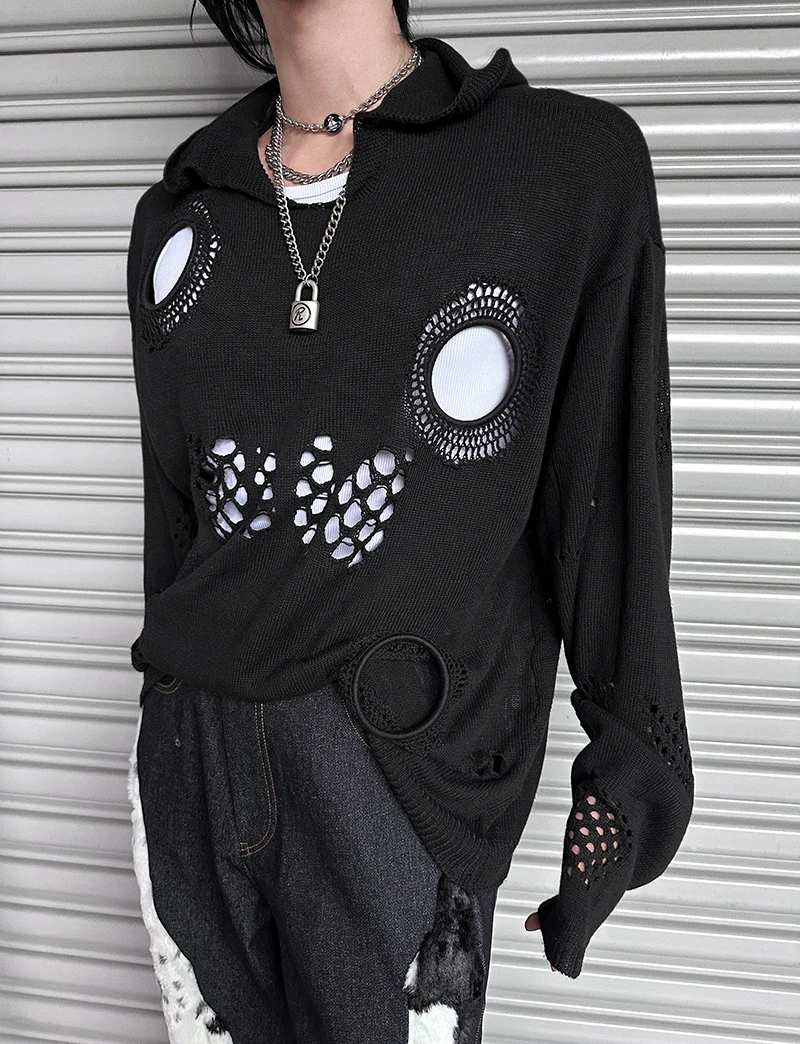 Men's Trendy Sweaters Hoodies Jackets 2025 Autumn Winter New Fashion Versatile Hooded Knitted Tops Loose Hole Pullover Knitwears