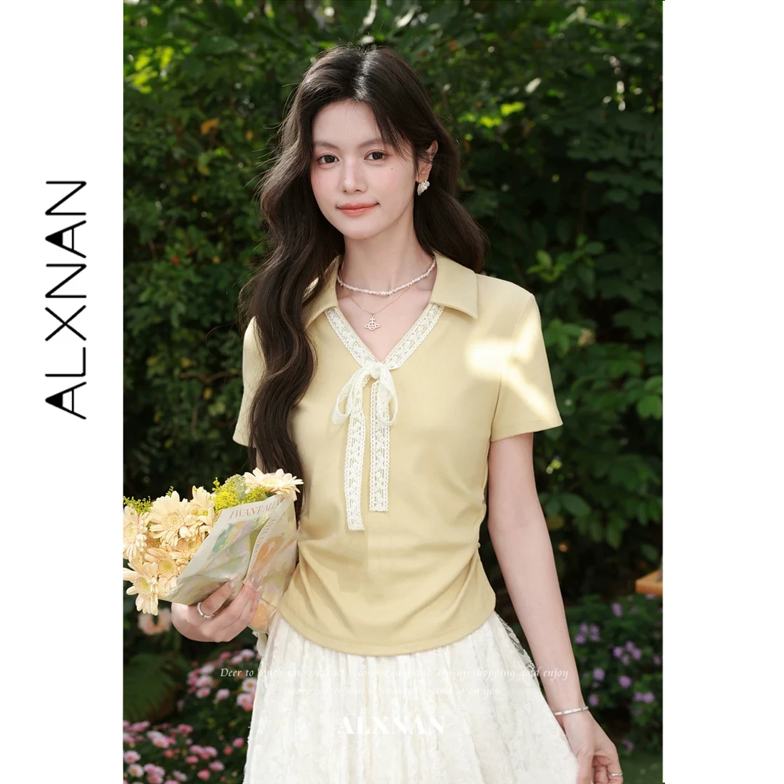 

ALXNAN Yellow T-shirt Women 2026 Summer Lapel V-neck Lace Tie Waist Pleated T-shirts Elegant Short Sleeve Tops Female L62915