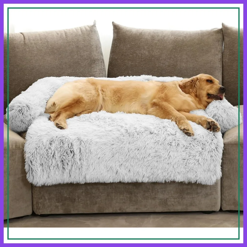 

Calming Dog Bed Fluffy Plush for Furniture Protector, Removable Washable Cover for Large Medium Small Dogs Cats, Extra Large 53x39.3x6 in Light Grey