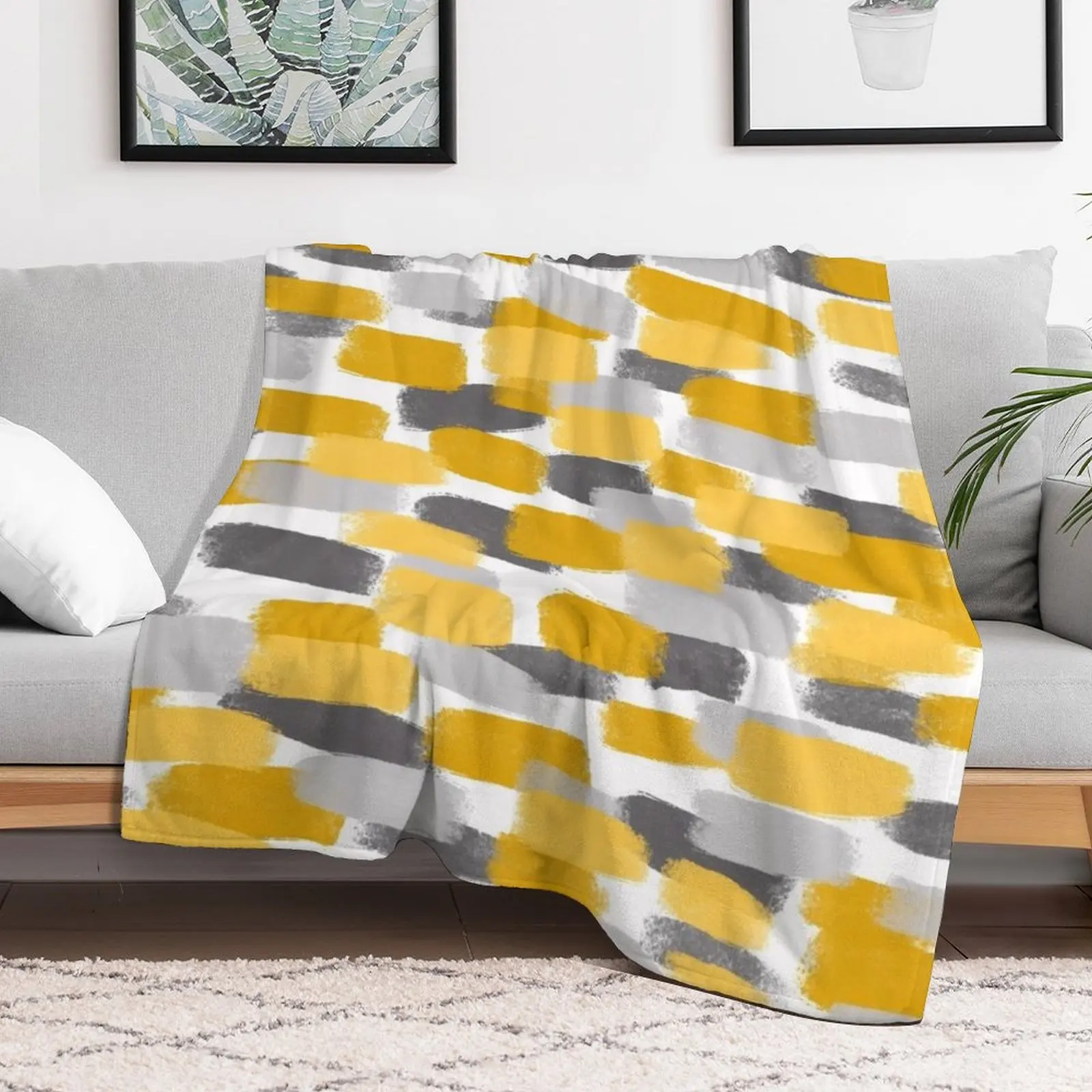 Grey and Mustard Yellow Paint Brush Effect Throw Blanket Moving Kid'S Luxury Luxury Thicken Blankets