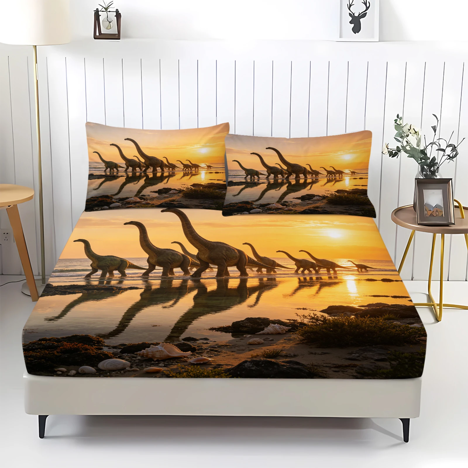 Sunset Beach Sauropod Dinosaur Fitted Sheet Set Elastic Deep Pocket Bed Cover Ultra‑HD Dinosaur Herd Walking Print Bedding Sheet