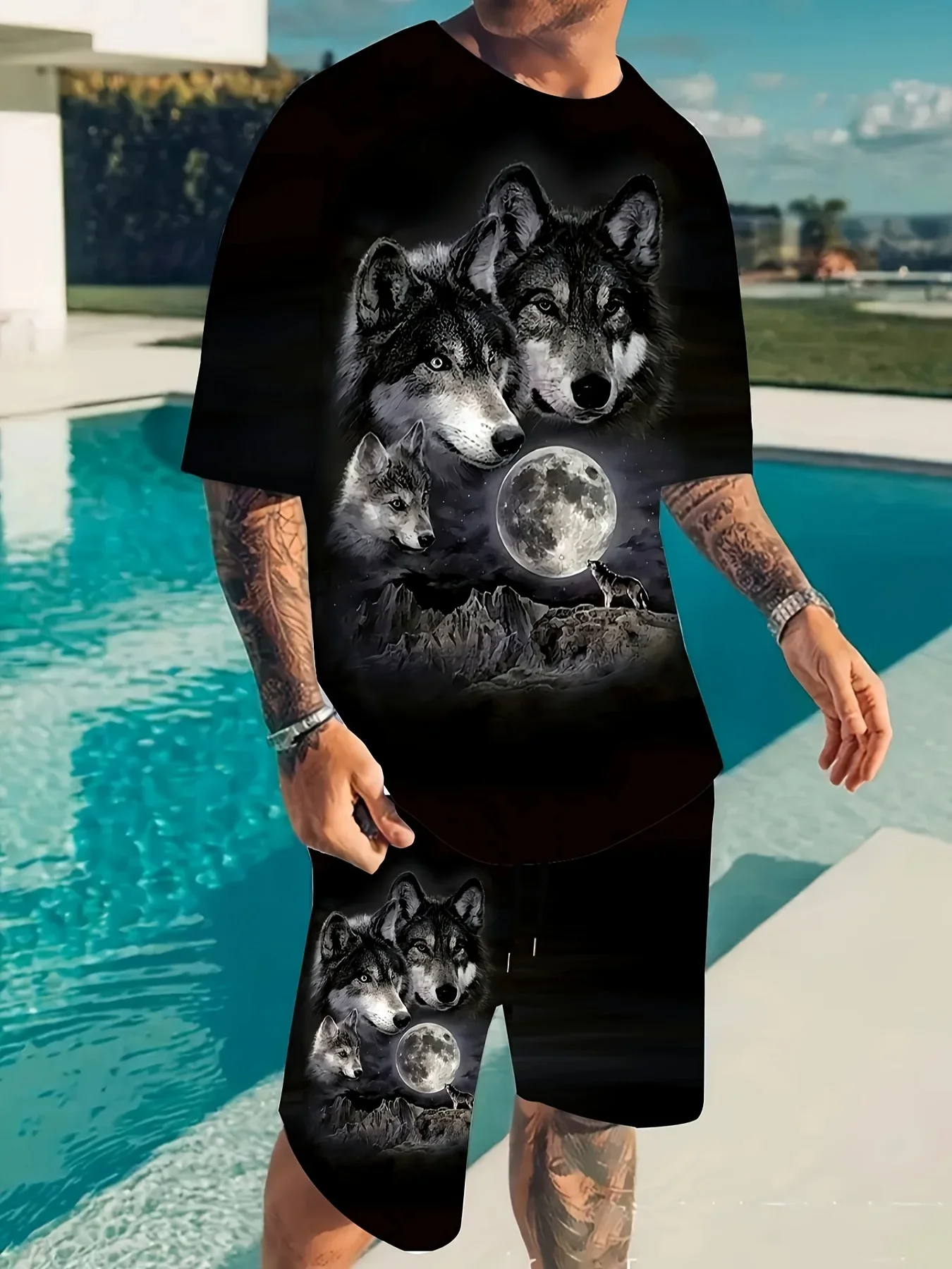 Impressão de padrão de lobo 3D, roupas masculinas de 2 peças, camiseta casual de manga curta com gola redonda e shorts com cordão definidos para ternos de verão