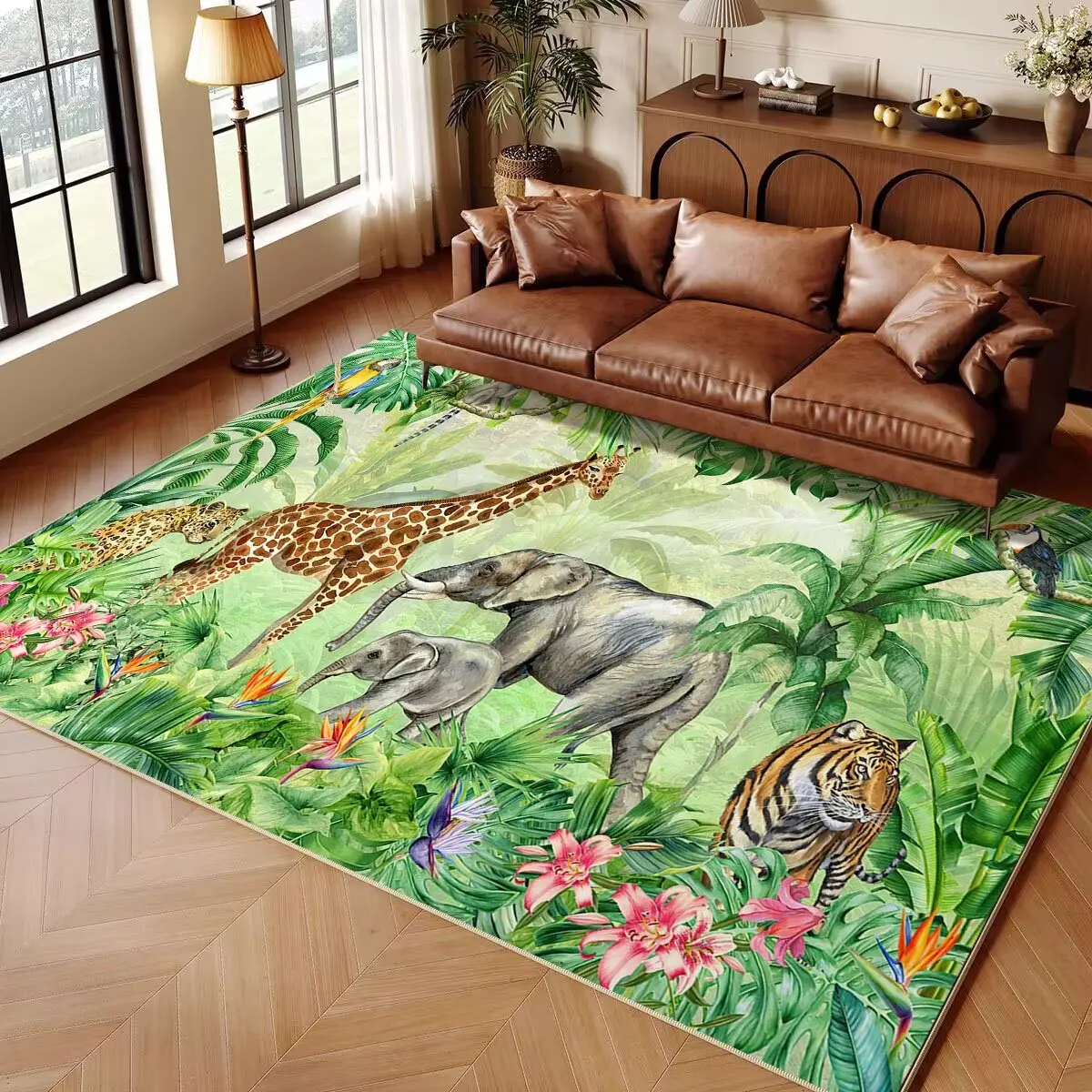 Bohemian Jungle Safari Animal Print Area Rug Tropical Wildlife Carpet for Living Room Decor Giraffe Tiger Crocodile Floor Mats