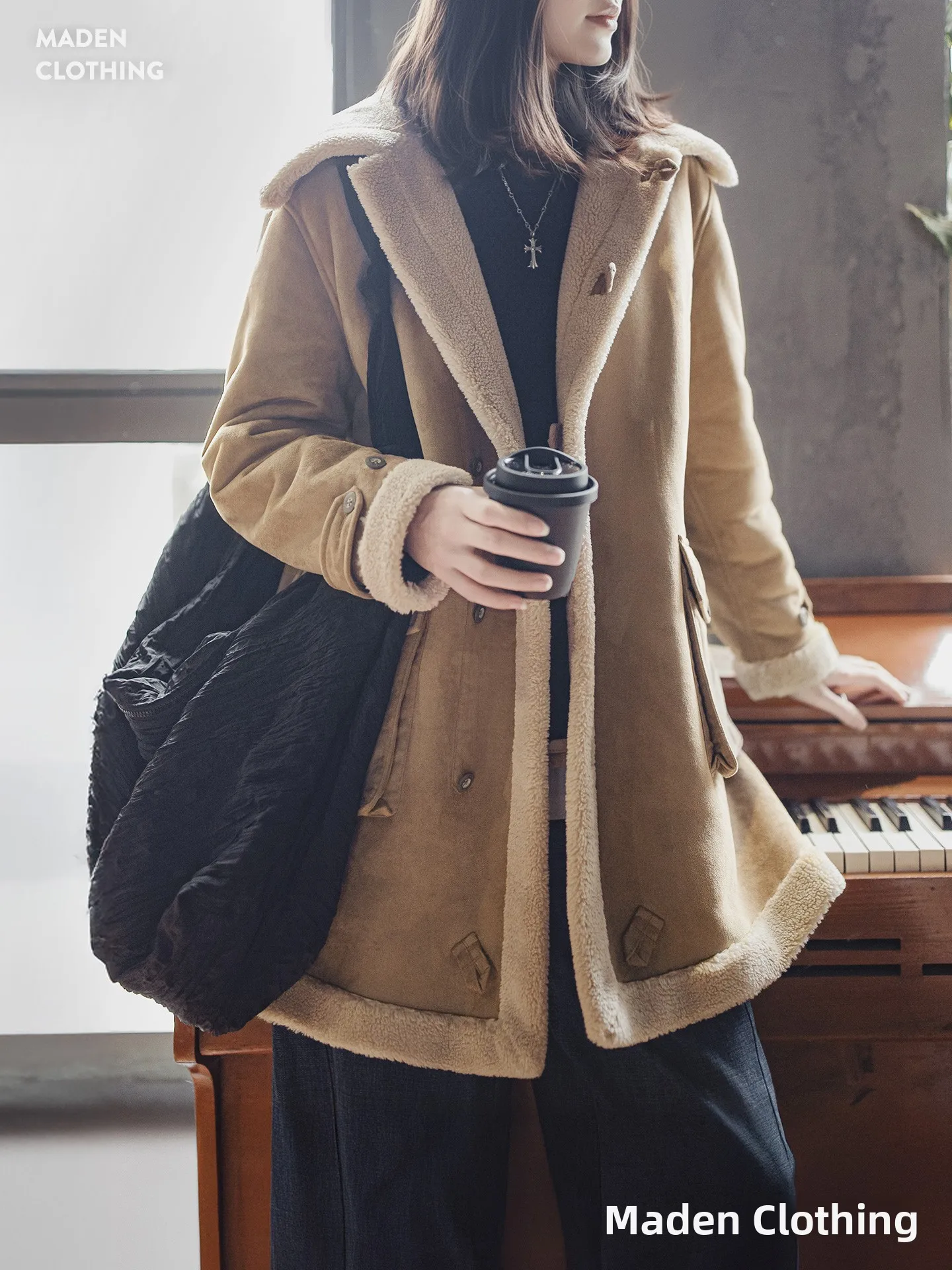 

Maden Ретро сарай с меховым кожаным воротником средней длины на подкладке из хлопка Jaet женское пальто осень-зима Thiened Long Sve