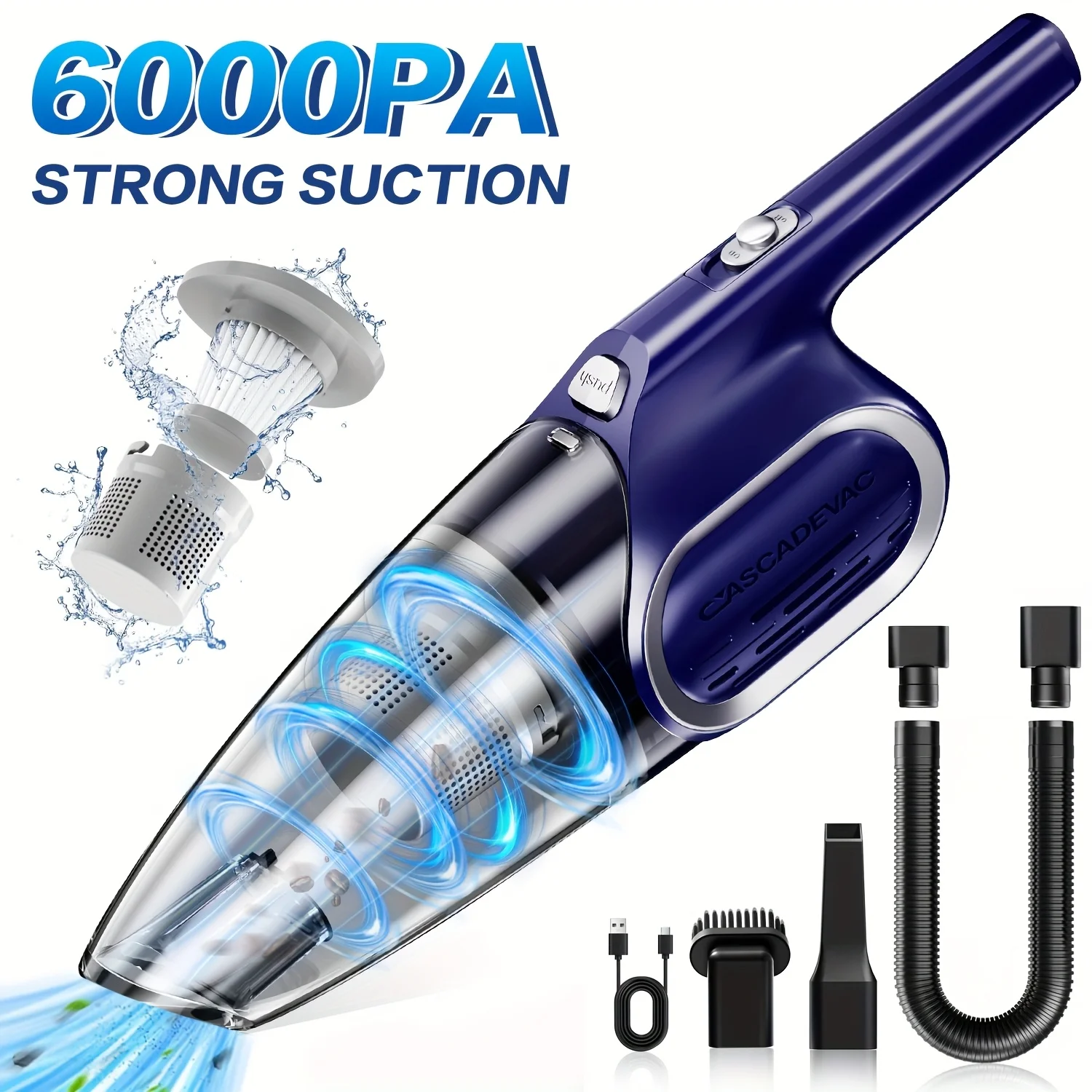 Handheld vacuum cleaner for home use, 6,000 Pa of powerful suction, low noise, dual filtration
