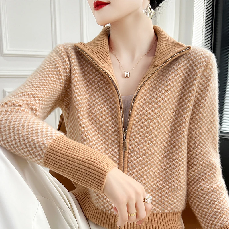 Autumn and winter new women's sweater 100% Merino wool semi-turtleneck zipper cardigan high-end light luxury thick warm knit bas