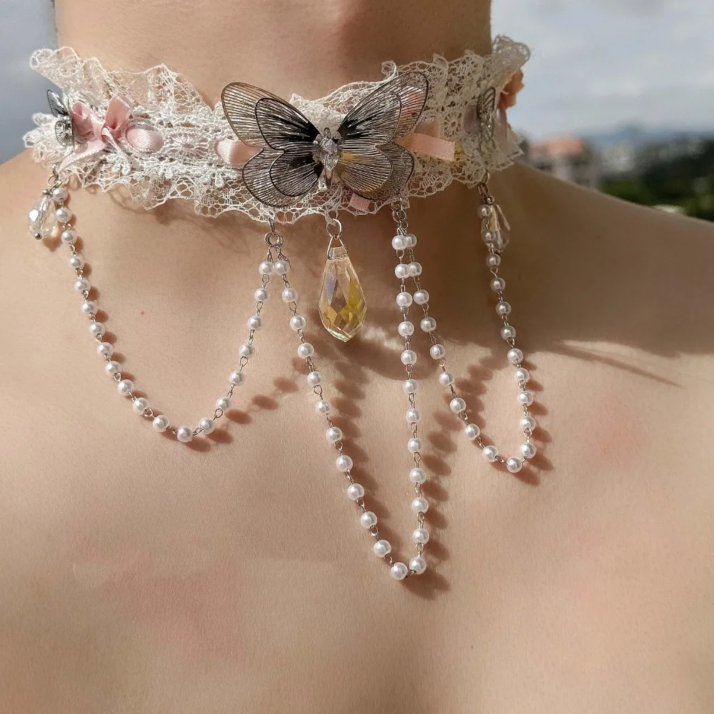 كريستال مقوس دانتيل المختنق اللؤلؤ شرابة لوليتا حجر الراين قلادة قلادة الترقوة سلسلة المرأة الرقبة مجوهرات فراشة قلادة #2