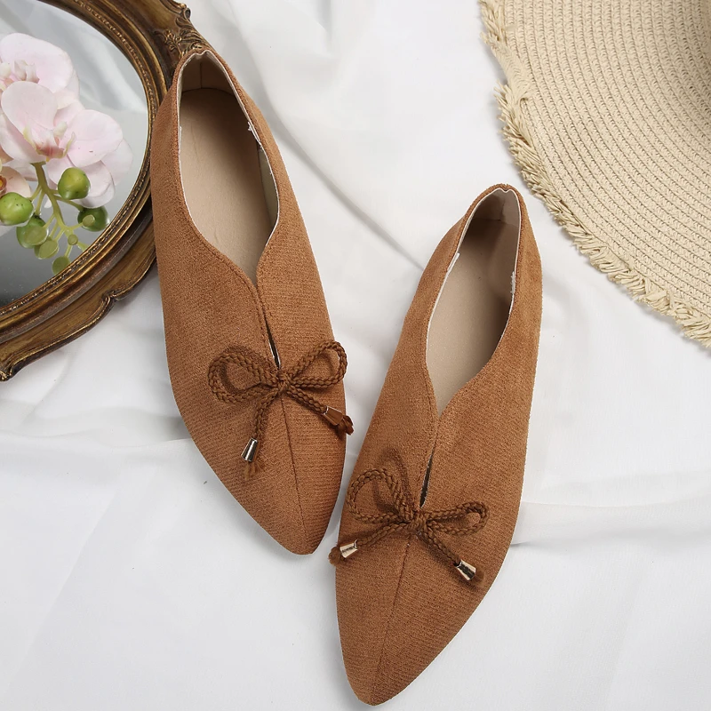 Women Shoes Shallow Pointed Toe Solid Bow Single Shoe Flat Bottomed Casual Slip on Comfort All Match Lazy Shoes 2024 New