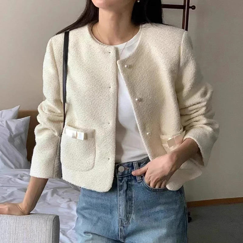 

Chic Pearl Buttoned Knot ket ort Sve Outerwear for Women Ele Agel Sle Commute Friendly Loose Fit