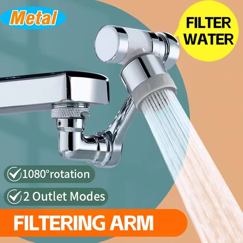 

Metal 1080° Rotation Faucet Extender with Filter Tap Aerator Universal 2 Modes Splash Basin Swivel Robotic Arm Faucets Extender