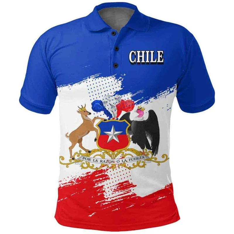 Chile Flag Polo Shirt Men\'s Summer 3d Print Tee Shirts Casual Loose Short Sleeve Tops Sports Lapel Oversized Lapel Tshirts