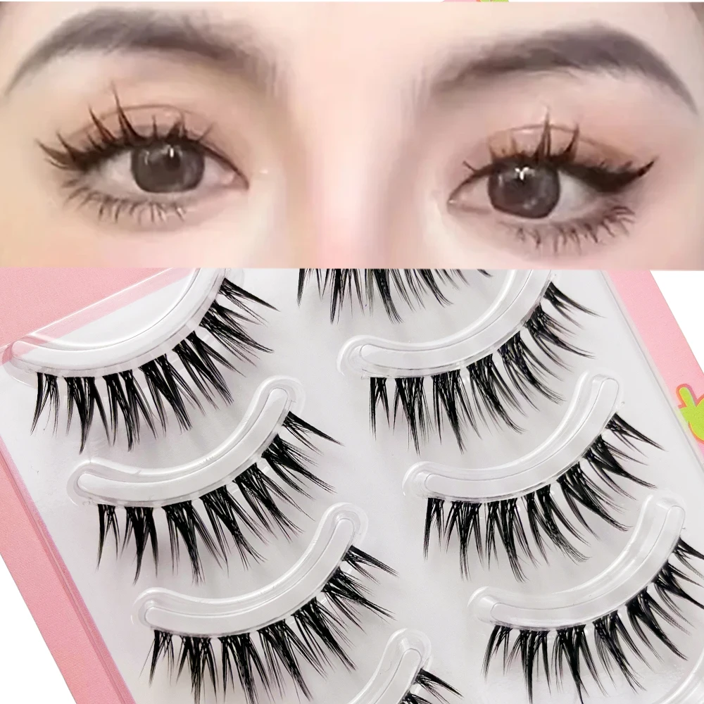 5 أزواج من الرموش المبللة على الطراز الكرتوني، سيقان شفافة وناعمة، مريحة في الارتداء، رموش صناعية شفافة