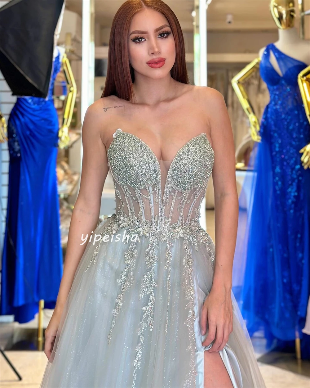 Customized Evening  Sexy Casual  Tulle Sequined Beading Ruched Beach A-line V-neck Bespoke Occasion Gown Long Dressesv