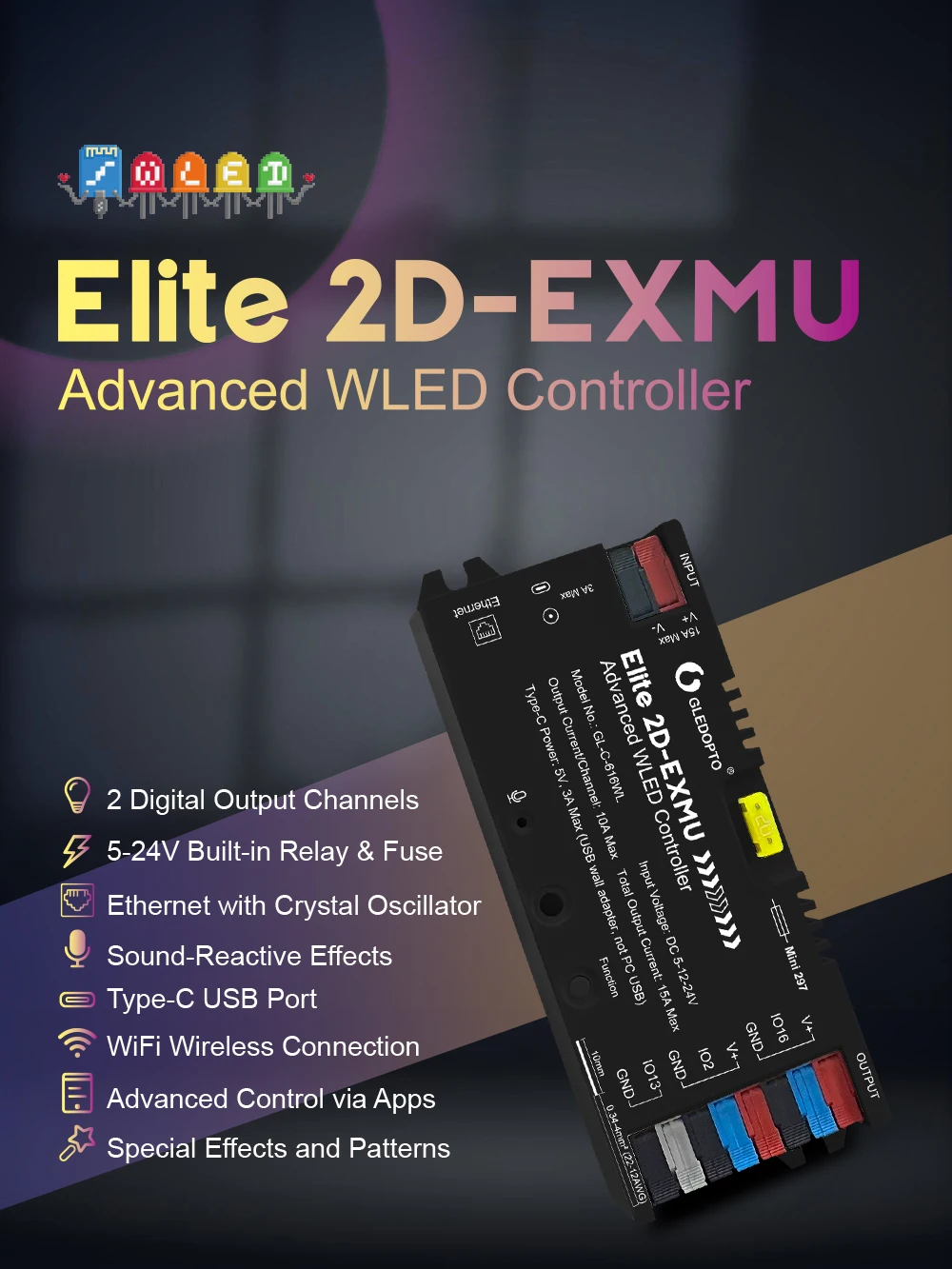 GLEDOPTO Elite ESP32 WLED LED-striplichtcontroller met Ethernet, muzieksynchronisatie, relais, 20A zekering voor WS2812B WS2815 SK6812 RGB IC - afbeelding 2