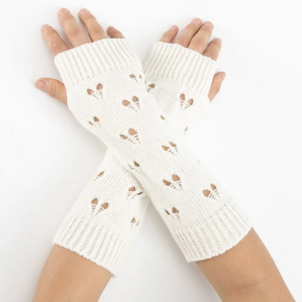 1Pair Knitted Fingerless Gloves Hollow Out Heart Loose Gloves Touch Screen Half Finger Sleeves Elastic Windproof Gloves