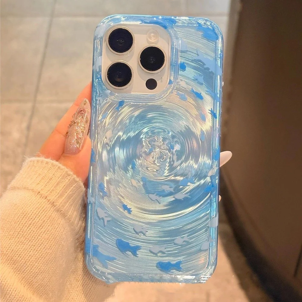 

Korean Ins Ripple Texture Lovely Fishes Phone Case For iPhone 13 15 16 Pro 11 12 14 Pro Max Vortex Pattern Soft Silicone Cover