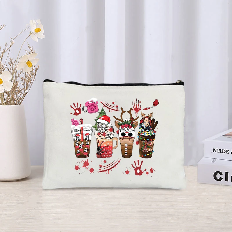 Santa Claus Tree Printed Canvas Cosmetic Bag Organizer Zipper Storage Pouch Office Supplies Pencil Case Halloween Christmas Gift