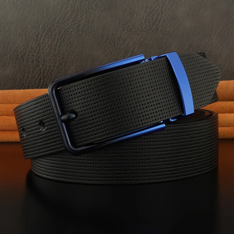 Fashion blue pin buckle belts men high quality brand luxury white genuine leather cowhide casual young boy jeans ceinture homme