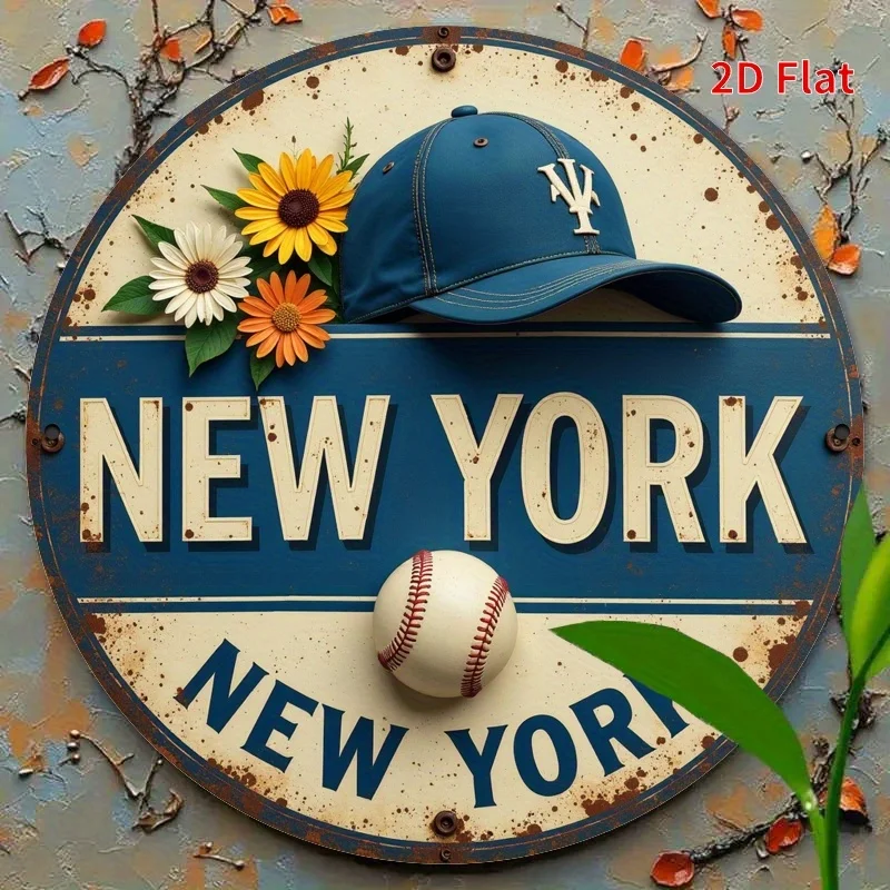 [2D Flat] Letrero de metal redondo vintage de 1 pieza: emblema de béisbol de Nueva York, decoración fácil de colgar para dormitorio, garaje, cocina, restaurante