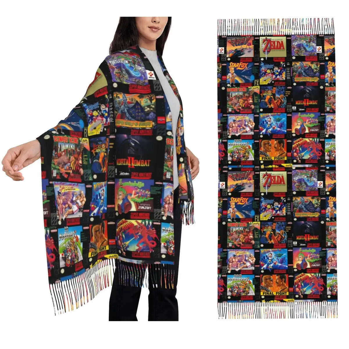

Retro Gaming Boxes Scarf Tassel Scarves Women Soft Warm Shawls and Wraps Long Fall Winter Shawl Wrap
